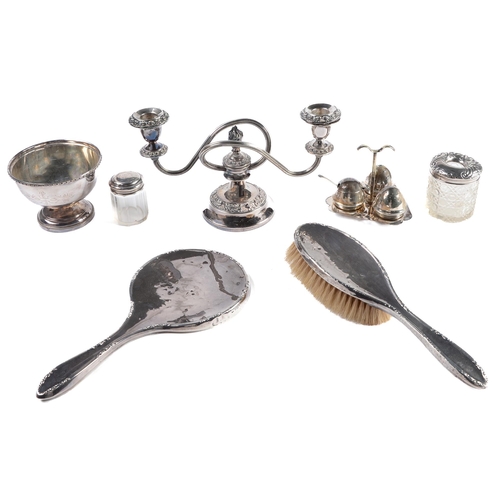 421 - A George V silver hand mirror and hairbrush, silver capped cut glass hair tidy and glass jar with si... 