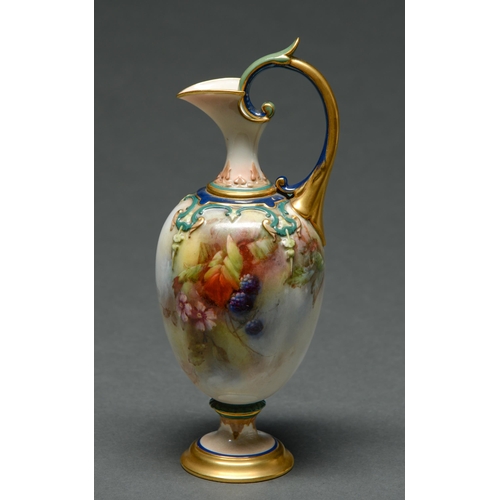 510 - A Hadley's Worcester ewer, 1902-1905, painted with blackberries and blossom in autumnal tints betwee... 