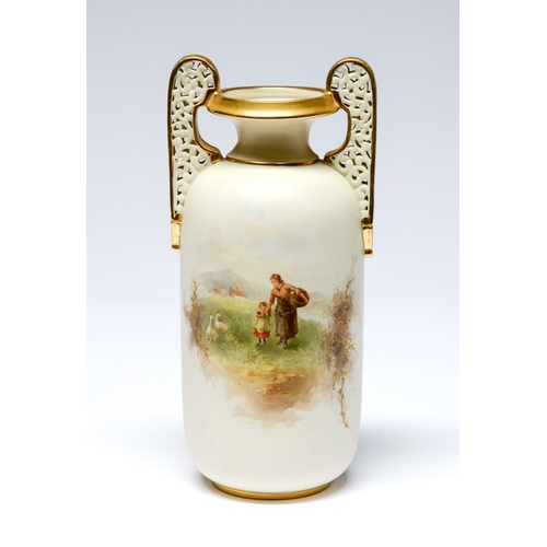 511 - A Grainger's Worcester vase, 1891, of shouldered cylindrical form with reticulated handles, painted ... 