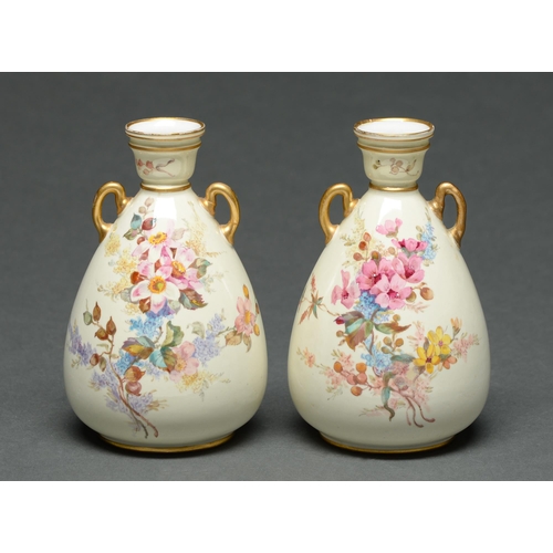 516 - A pair of Royal Crown Derby vases, 1891,  painted with wild flowers on a primrose ground, 12.5c... 