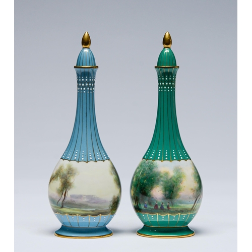 519 - Two Royal Worcester slender baluster vases and covers, 1934 and 1935, similarly painted, one by H Da... 