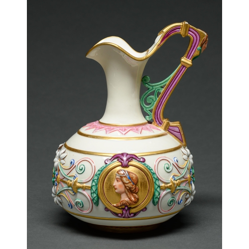 521 - An early Royal Worcester Raphaelesque ewer, c1865-70, with high relief gilt ground roundels of class... 