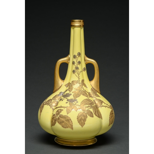 522 - A Royal Worcester yellow ground lobed vase, 1883,  with naturalistic raised gilt decoration of ... 