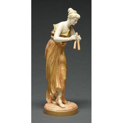 524 - A Royal Worcester shot enamels figure of Music, 1897,  33cm h, impressed and printed marks and ... 