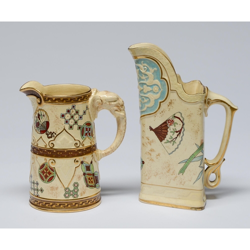 527 - Two Royal Worcester earthenware aesthetic jugs, 1879 and 1887,  triangular or elephant handled ... 