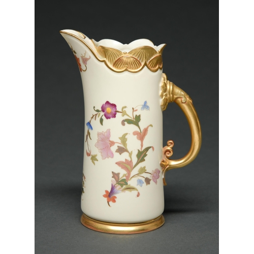 529 - A Royal Worcester jug, 1891 of tusk form decorated with flowers and curling stems on an ivory ground... 