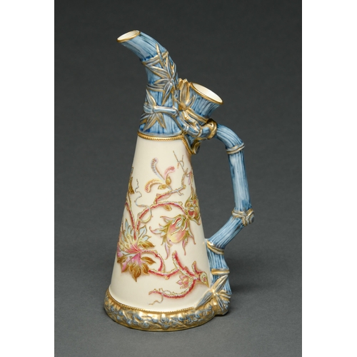 532 - A Royal Worcester bamboo ewer, 1889,  decorated with flowers outlined in raised gilding on an i... 