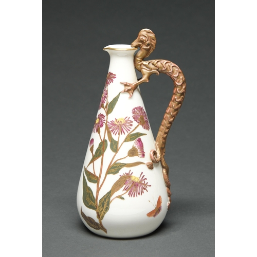 533 - A Royal Worcester dragon handled ewer, 1884,  decorated with naturalistic flowers and butterfli... 