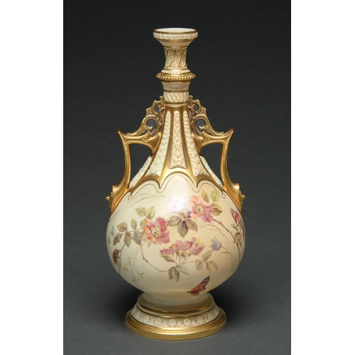 535 - A Royal Worcester vase, 1891, printed and painted after Edward Raby with naturalistic flowers and in... 