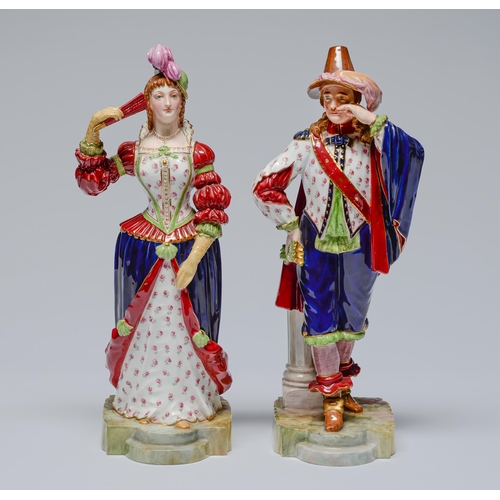 539 - A pair of Royal Worcester English costume figures, 1905, of a richly attired cavalier and lady,... 