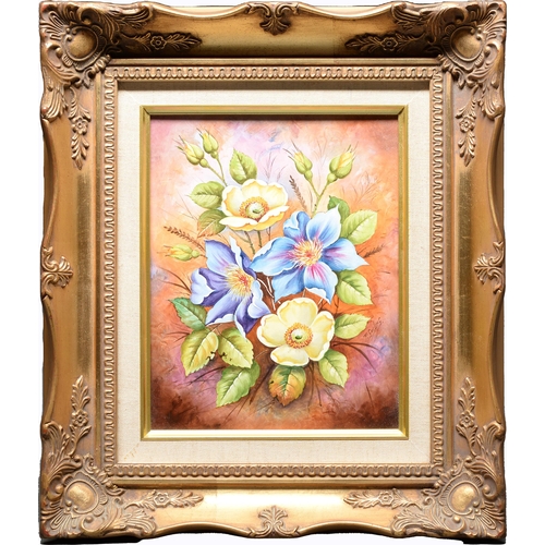 540 - An English porcelain plaque, late 20th c, painted by P Gosling, signed, with clematis, 24 x 19c... 