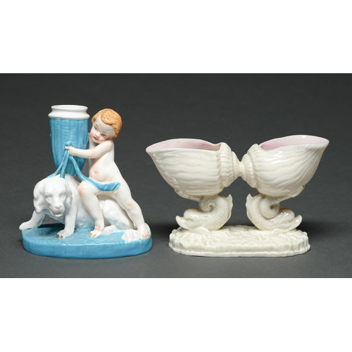 541 - A Royal Worcester boy and dog candlestick and glazed parian double shell and dolphin vase, 1876 and ... 