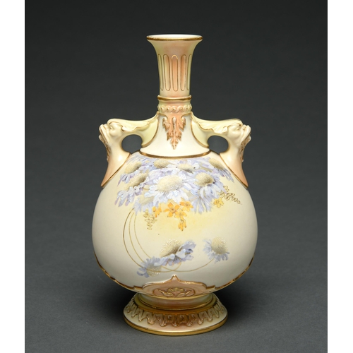 543 - A Royal Worcester vase, 1894,  of sack shape with grotesque mask handle, decorated in lavender ... 