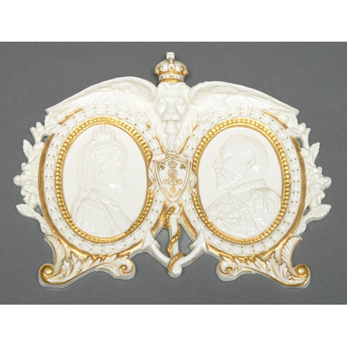 544 - A Royal Worcester commemorative white and gilt coronation tablet, 1902,  with oval bas relief p... 