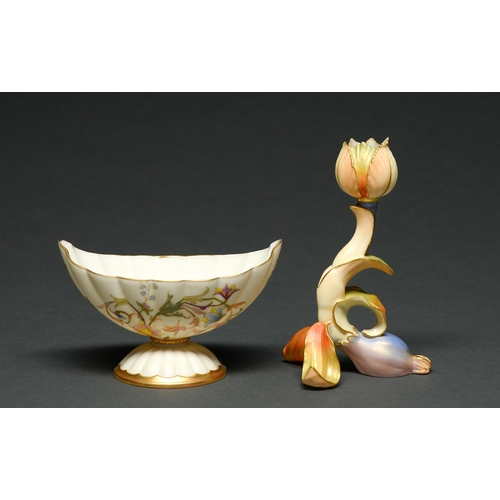 545 - A Royal Worcester lotus candlestick and fluted sugar bowl, 1891 and 1898, decorated in colours and g... 