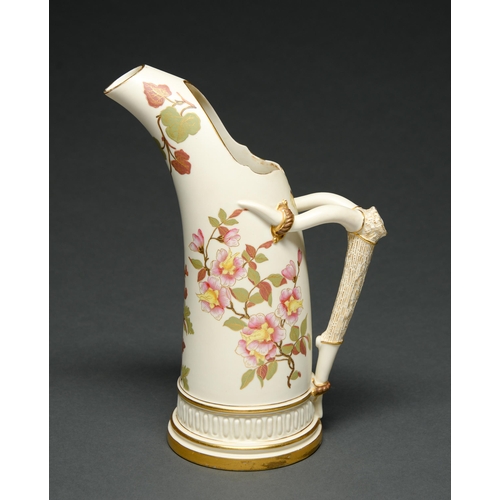 546 - A Royal Worcester tusk ice jug, 1888, decorated with flowers heightened in gilt on an ivory gro... 