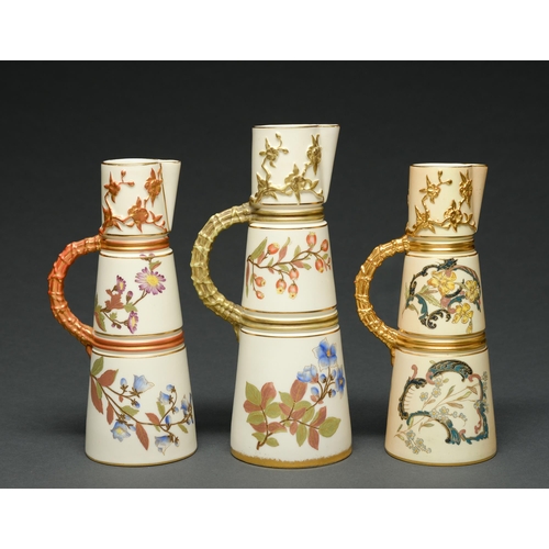 547 - Three Royal Worcester claret jugs, 1886, 1888 and 1895,  moulded in relief and decorated with t... 