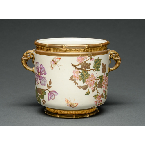 548 - A Royal Worcester elephant handled jardiniere, 1883,  decorated with butterflies amidst floweri... 