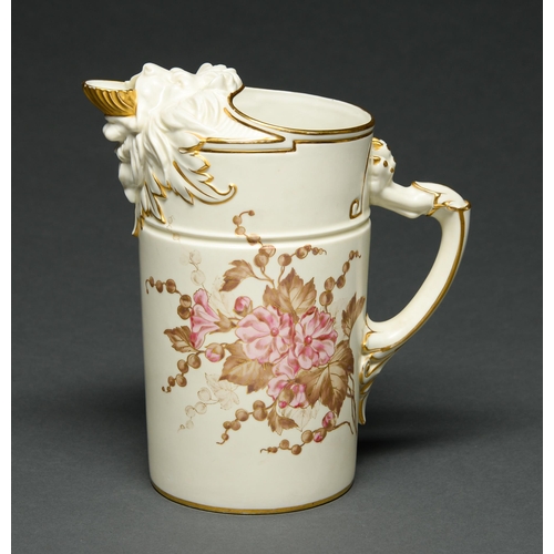 549 - A Royal Worcester lion mask jug, 1888,   with gilt shell lip, decorated in pink and brown ... 