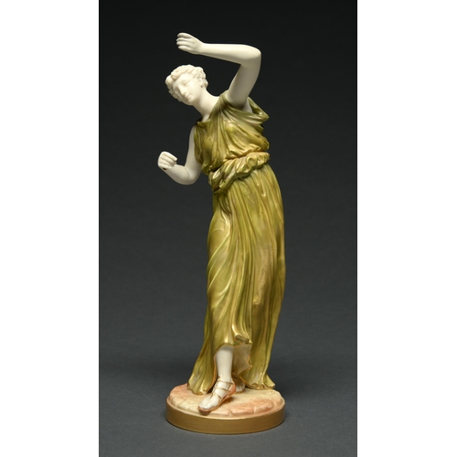 552 - A Royal Worcester shot enamels figure of a dancer, c1895,  33cm h, printed marks and shape No 1... 