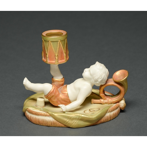 566 - A Royal Worcester boy and drum hand candlestick, 1906, decorated in apricot, green and gilt over ivo... 