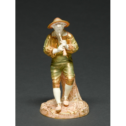 567 - A Royal Worcester figure of Strephon the boy piper, 1949, decorated in shot enamels, 15cm h, pr... 