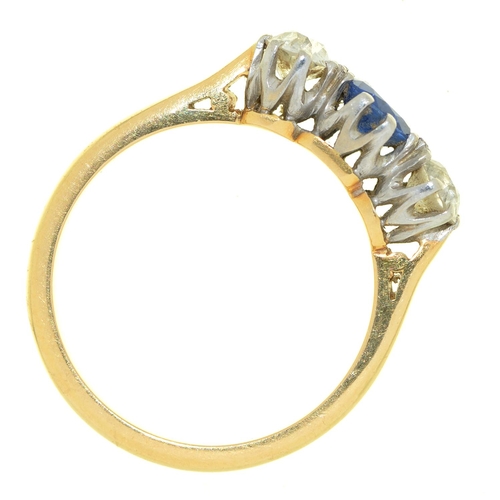 63 - A sapphire and diamond three stone ring, with old cut diamonds, gold hoop marked 18ct PLAT, 3.9g, si... 