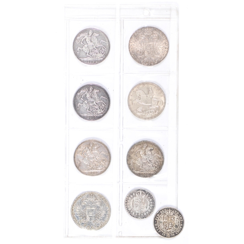 700 - Silver coins. United Kingdom Crown 1887, 1889, 1894, 1900 and 1935 and four various other silver coi... 