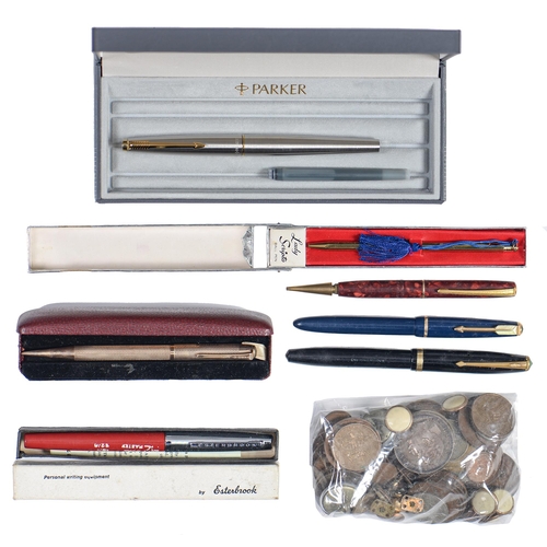 701 - Miscellaneous Parker and other fountain pens and pencils, several cased, coins, etc