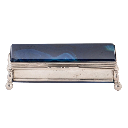 704 - A nickel plated brass and blue stained agate inset postage stamp box, early 20th c, 85mm l... 