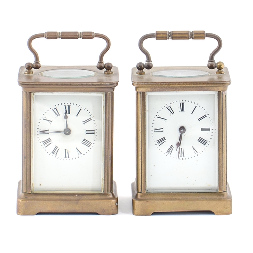 707 - Two French brass carriage timepieces, early 20th c, of similar form, 11cm h excluding handle... 