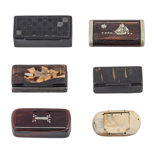 710 - Six horn, bone, rosewood and papier mache snuff boxes, 65-80mm l