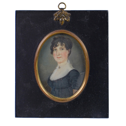 722 - British School, early 19th c - Portrait Miniature of Elizabeth Cunningham, nee Weir, with curly blac... 