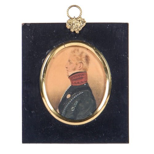 724 - English School, early 19th c - Portrait Miniature of an Officer, in frogged black tunic with red col... 