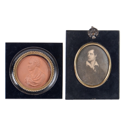 725 - A terracotta portrait medallion of Lord Byron, 76mm diam, in giltmetal surround and ebonised square ... 