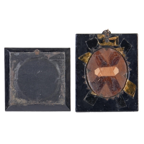 725 - A terracotta portrait medallion of Lord Byron, 76mm diam, in giltmetal surround and ebonised square ... 