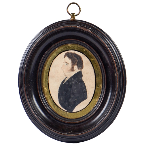 727 - English School - Portrait Miniature of a Gentleman, watercolour on card, oval, 63mm, beneath verre e... 