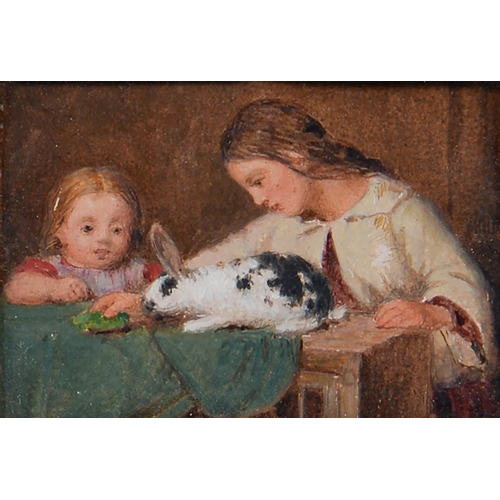 728 - English School, 19th c - Two Children with a Black and White Rabbit, oil on card, 60 x 90mm... 