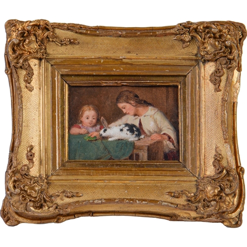 728 - English School, 19th c - Two Children with a Black and White Rabbit, oil on card, 60 x 90mm... 