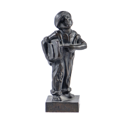 731 - A German bronze of a ragged newspaper boy, early 20th c, base inscribed Speshul, 17cm h... 