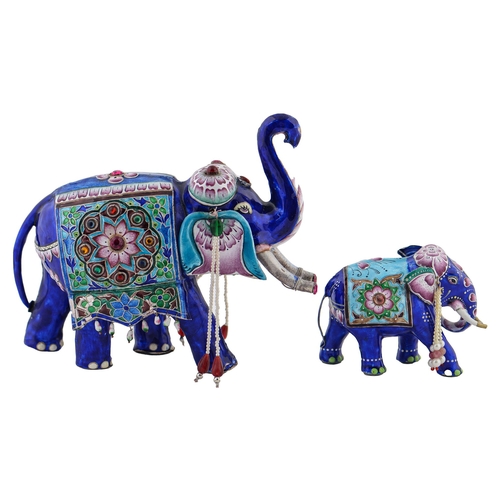 736 - A pair of Indian silver coloured metal and 'jewelled' enamel models of an elephant and calf, 20th c,... 