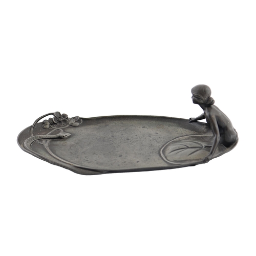 738 - A WMF Jugendstil pewter figural tray, c1910, in the form of a young woman and snake at a lily pool, ... 