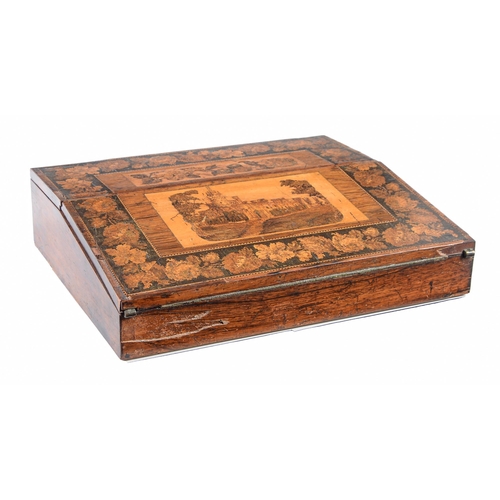 756 - A Victorian Tunbridge ware slope front writing box, decorated with a view of Eridge Castle in traili... 