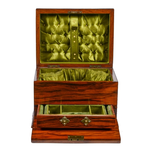 761 - A walnut jewel box, late 19th c, with brass handle and escutcheon, green silk lined interior, the fa... 