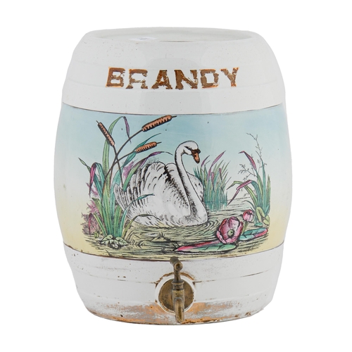 767 - A Victorian earthenware spirit barrel, printed and painted with a swan and lettered in gilt BRANDY, ... 