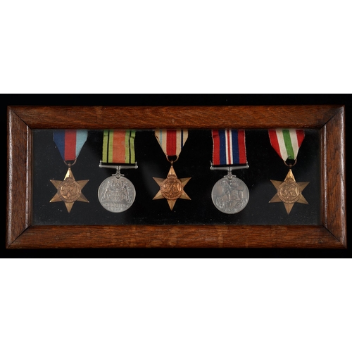 786 - 1939-1945 Star, Africa Star, Italy Star, Defence Medal and War Medal, oak frame