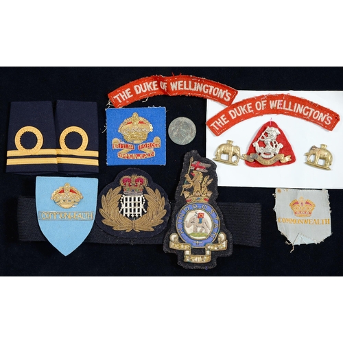 791 - Miscellaneous British army and naval cloth insignia and Duke of Wellington's Regiment cap and lapel ... 