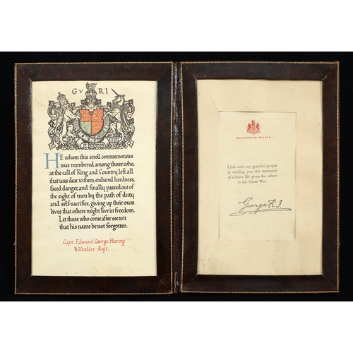 810 - World War One commemorative scroll, Captain Edward George Harvey, Wiltshire Regiment, leather frame1... 