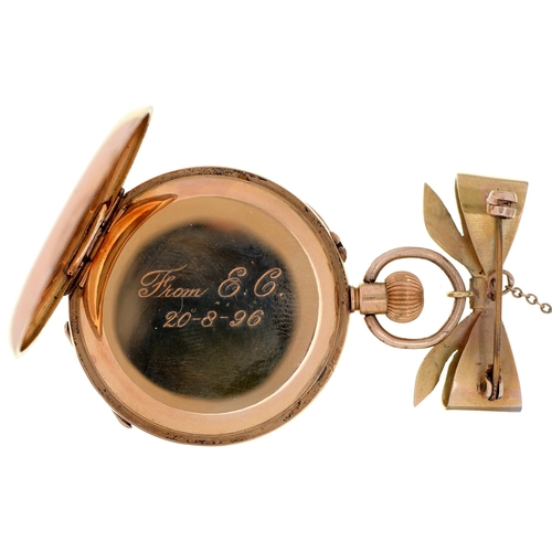 82 - A Swiss 18ct gold keyless cylinder watch, early 20th c, with engraved dial, gold cuvette, 37mm diam,... 