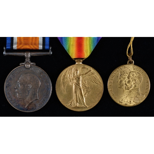 820 - WWI pair, British War Medal and Victory Medal 78856 Pte C H Evans Durh L I and a giltmetal coronatio... 